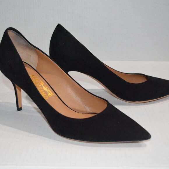 Salvatore Ferragamo Susi Black Suede Kid Pump Size 9.5 NWOT